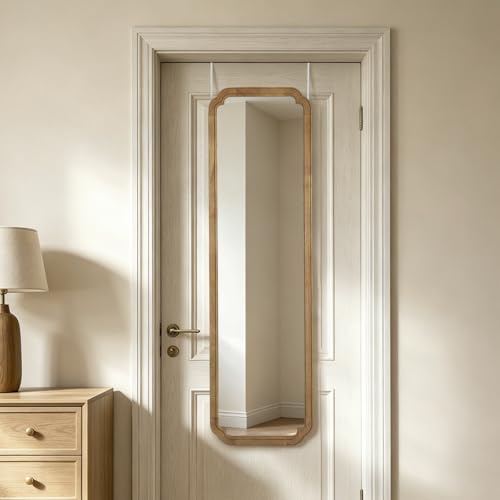 WallBeyond 48" x 14" Full Length Door Mirror with Rustic Rounded Corner Wood Frame, Over the Door Hanging Mirror for Bedroom, Closet, Dressing Area and Entryway, Natural - color: Natural a, size: 48"L x 14"W