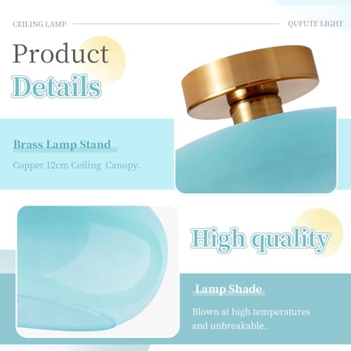 Blue Close to Ceiling Light Fixture Vintage Flush Mount Ceiling Lights 11" Round Thickened Glass Shade Gold Mid Century Semi Flush Mount Light Hallway Entrance Lighting Fixtures - color: Flush-Blue