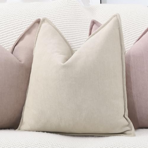 MADIZZ Textured Chenille Throw Pillow Covers Pack of 2 Natural Soft Decorative Accent Pillowcases Boho Neutral Couch Throw Pillow for Bed Home Decor for Sofa Livingroom 16x16 inch Beige - color: Beige, size: 16" x 16" (Pack of 2)