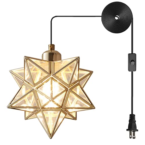 AECBUY Gold Ceiling Pendant Hanging Lamp, Metal and Clear PVC Star Pendant Light, Vintage Hanging Lamp Plug in Cord and Switch for Dining Room Living Room Bedroom - color: Gold