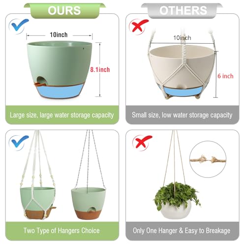 Meowell 10 inch Self Watering Hanging Planters for Indoor Plants, 2 Pack Hanging Baskets for Outdoor Plants, Hanging Flower Pots with Drainage Holes & 2 Kinds of Plant Hangers for Home Decor, Green - color: Green With Brown