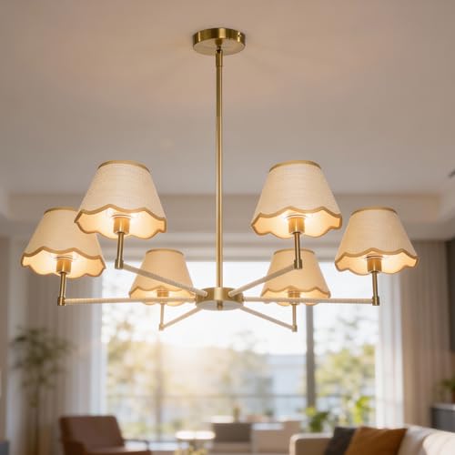 Large Rattan Chandelier Boho Style, 6-Light Rattan Pendant Light Fixture for Living Room, 39”Adjustable Cottage Rattan Hanging Lamp Ceiling Light for Dining Kitchen Island, E12 Socket - color: Straight Arm Design