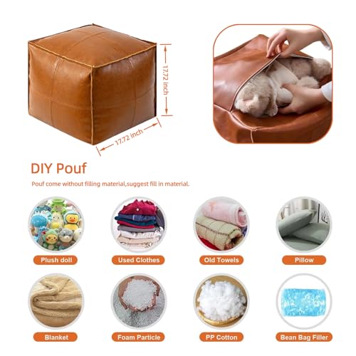 Pouf Ottoman - Unstuffed Handmade Faux PU Leather Moroccan Style, Eco-Friendly Pouf Cover with Storage Potential, Foot Rest for Living Room, Floor Chair Gifts for Men & Women (Vintage Orange)