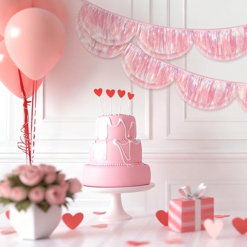 FYSUIMU 6.6 Ft Iridescent Pink Scalloped Banner Hanging Layered Sparkly Fringe Garland for Valentine Birthday Wedding Party Backdrop Decor - color: Iridescent Pink