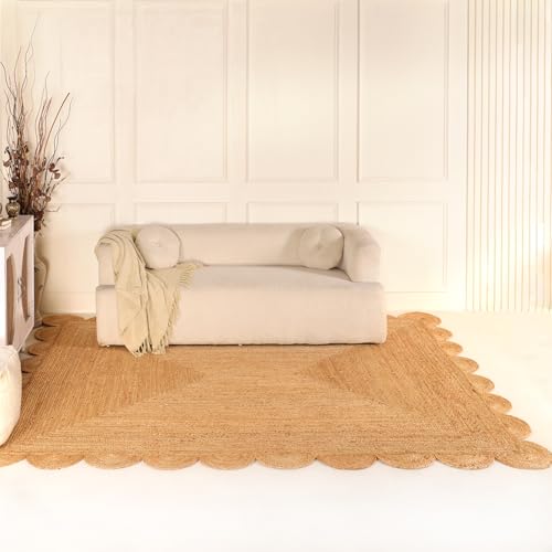 Scalloped Natural Jute Area Rug 6x9ft – Handwoven Natural Fiber Rug for Living Room, Bedroom, and Entryway, Rustic & Boho Style - size: 6' x 9' (Rectangular)