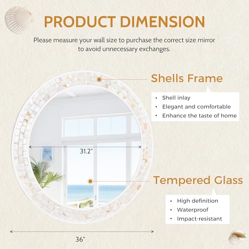 Tanmicoshomy 36 Inch Large Round Mirror, Natural Shell Inlay Framed Large Circle Mirrors with Shatterproof Glass for Bathroom Bedroom Living Room or Entryway (White) - color: White, size: 36"L x 36"W