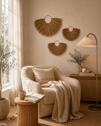 PEMAR Set of 3 Woven Seagrass Fan Wall Decor - Large Boho Raffia Jute Wall Hanging Hanging Decor for Living Room Bedroom, Handmade Rustic African Fan Wooden Wall Art, Unique Housewarming Gift (XL: 35.4" D, L: 27.6" D, M: 19.7" D)