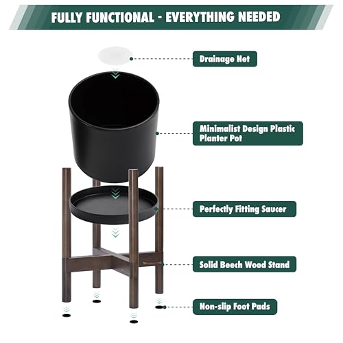 D'vine Dev Planter Pot with Stand - 8 Inch Plastic Cylinder Flower Pot with Wood Planter Holder for Indoor, Matte Black Pot + Walnut Color Stand, 55-C-I-2 - color: Matte Black Pot + Walnut Color Stand, size: 8 Inch