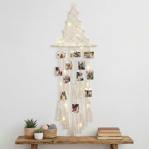 Rtteri Macrame Hanging Photo Display Boho Wall Decor Picture Card Frame Holder with 30 Clips Photo Art Hanger Teen Girl Teenage Gifts for Room Bedroom Dorm