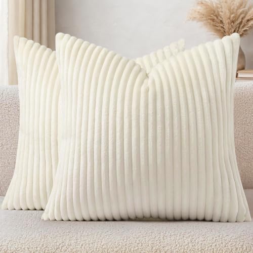 Simmore Decorative Throw Pillow Covers 16x16 Set of 2, Soft Natural Plush Flannel Double-Sided Fluffy Couch Pillow Covers for Sofa Living Room, Cream White - color: Cream White, size: 16" x 16" (Pack of 2)