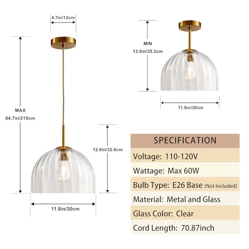 Modern Pendant Lights Kitchen Island, 11.8 Inch Dome Lampshade Large Chandelier, Rustic Farmhouse Industrial Ceiling Hanging LED Lighting Fixture with Clear Glass Bell Shade - color: Clear, size: 30CM