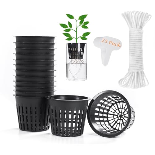 ORIMERC 25 Pack Net Pots 3 inch Hydroponic Pots Come with 25 ft Self Watering Wick & 25 Pcs Plant Label Aquaponics Mason Jar Insert Orchid Netted Basket Slotted Mesh Garden kratky Growing Vegetable - size: 3 inch (25 Pack)