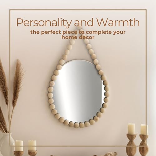 White Decorative Mirror with Beaded Wood Frame – MDF & Glass Home Decor Mirrors for Wall Accent & Styling – Modern Boho Hanging Mirror Wall Decor for Home & Office – 24"x36"