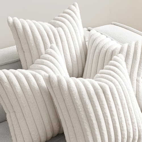 MIULEE Faux Fur Plush Decorative Throw Pillow Covers 20x20 Set of 4, Modern Soft Fuzzy Striped Cushion Covers for Spring Sofa Couch Bed Living Room Cozy Home Decor,Pure White - color: Pure White, size: 20" x 20" (Pack of 4)