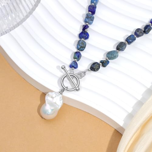 Beaded Necklaces for Women with Baroque Pearl, Turquoise Amethyst Lapis lazuli Tiger Eye Handmade Boho Bead Choker Necklace, Natural Stone Summer Jewelry Birthday Mother Gift for Women - color: Lapis lazuli