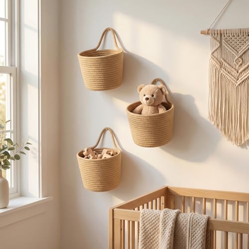 Khaki Cotton Rope Storage Baskets 3 Pack with Adhesive Hooks | 6.3"×6.3", Wall & Desktop Hanging, Nursery Organizer, For Plants, Keys, Office Supplies & Makeup - color: Khaki