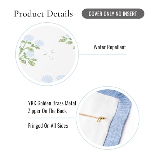 Hofdeco Premium Grandmillennial Coastal Hampton Patio Indoor Outdoor Throw Pillow Cover Only, 20"x20" Water Repellent for Backyard, Couch, Poolside, Baby Blue Green Print Hydrangea Flowers - color: Baby Blue Green Hydrangea Flowers 20"x20"