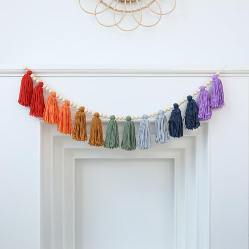 DCJHFJ Boho Tassel Garland Wall Hanging with Wood Beads Colorful Tassel for Kids Room Bedroom Classroom Nursery Dorm Decorations - color: Rainbow