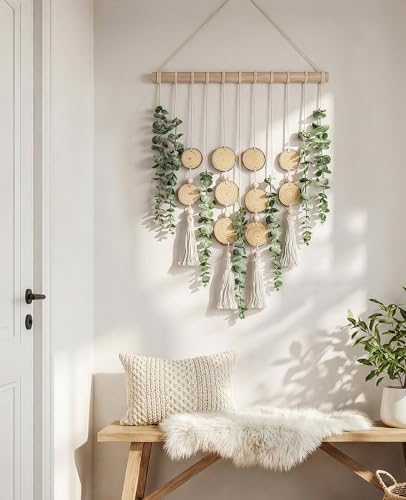 Artificial Eucalyptus Wall Hanging, Fake Greenery Leaves Stems with Wood Slices Wall Hanging Plants on Wooden Stick, Boho Wall Art Decorative for Bathroom, Living Room, Bedroom, Dining Room