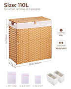 Greenstell Laundry Hamper with lid, No Install Needed, 110L Wicker Laundry Baskets Foldable 2 Removable Liner Bags, 2 Section Clothes Hamper Handwoven Rattan Laundry Basket with Handles, Natural - color: Natural