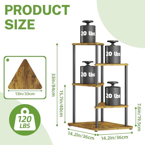 iDavosic.ly Tall Plant Stand Indoor for Large & Heavy Duty Planters, 4 Tier Corner Flower Shelf with Wooden Trays & Metal Frame, 33 Inch Orchid Rack for Living Room Balcony Porch, Black & Brown - size: 4 Tier without Light