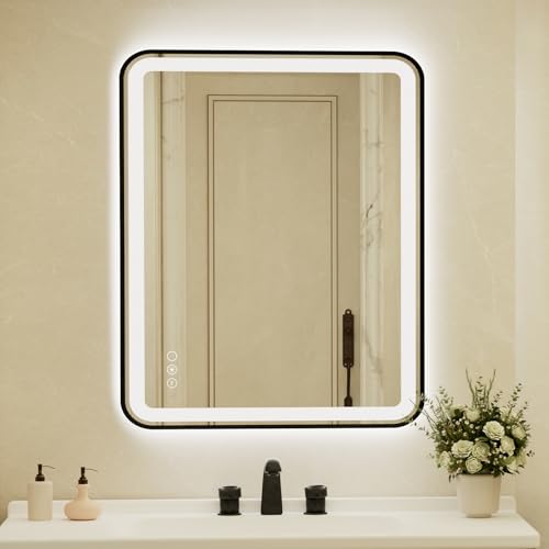 32x40 Inch LED Bathroom Mirror with Black Frame,Front and Backlit Vanity Mirror,Tempered Glass,Stepless Dimmable Wall Mirrors with Anti-Fog, 3 Colors, Memory, Waterproof, LED Smart Bathroom Mirror - color: Black, size: 32"L x 40"W