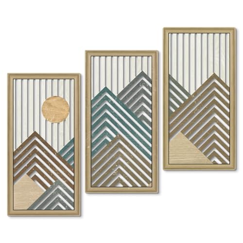 Putuo Decor Mountain Line Wall Art Set of 3, Modern Abstract Nature-Inspired Cut-Out Panels, MDF Wall Decor with Chevron Stripes and Sun Design for Living Room Bedroom Office - color: Primrose