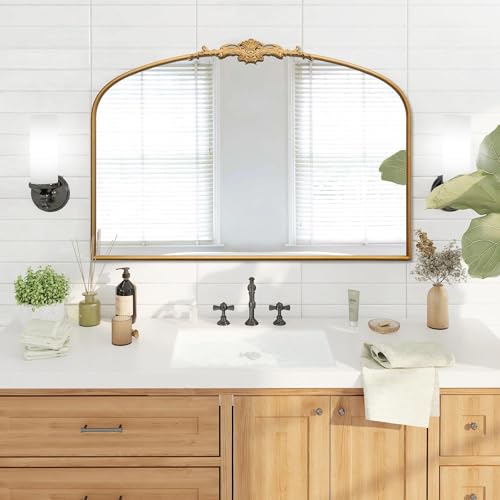 Besdomus Ornate Arched Large Mirror: 48"x33" French Oversize Gold Vintage Vanity Decorative Mirror - Baroque Traditional Antique for Fireplace/Bathroom/Living Room - Home Decor for Homemakers - color: Gleaming Gold, size: 33"L x 48"W