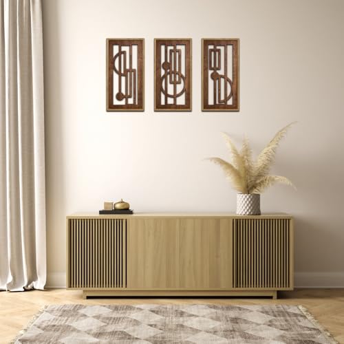 KAIRNE Abstract Geometric Wooden Wall Art Set of 3,Vintage Mid Century Rectangle Wall Sculptures,Rustic Minimalist Artwork,Boho Wood Hanging Decor for Living Room Bedroom Kitchen Office,8X16 inch - color: Abstract Geometric, size: 8"L x 16"W