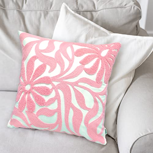 Alysheer Farmhouse Floral Leaves Embroidered Decorative Throw Pillow Cover 18x18 inches, Boho Tufted Flowers Embroidery Pattern Chic Cotton Cushion Case for Couch Bed Sofa Living Room(Light Pink) - color: Light Pink, size: 18" x 18" (Pack of 1)