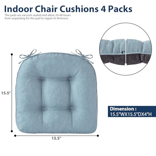 IASEAHK Chair Cushions for Dining Chairs, Seat Cushions for Kitchen Chairs, Indoor Seat Cushions with Ties, Tufted Foam Chair Pads, Non Slip Chair Cushions Set of 4, 15.5" x 15.5" x 4", Light Blue - color: Light Blue, size: Pack of 4