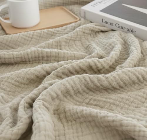 KyraHome 100% Organic Cotton Muslin Blankets for Adults, 60“x80 Pre-Washed Plant Dyed Breathable Gauze Lightweight Summer Throw Blanket for Couch, All Season, Oatmeal Khaki - color: Oatmeal Khaki, size: Large Throw