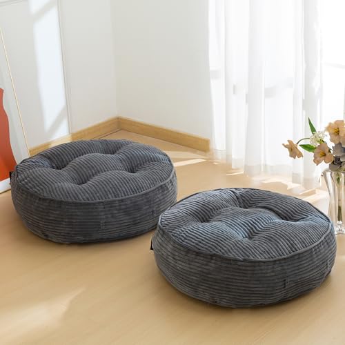 HIGOGOGO 6" Extra Thick Floor Pillow Cushion for Adults, Meditation Cushion Pillow, Large Round Floor Sitting, Tufted Corduroy Cover, for Tatami Living Room or Yoga, 22x22 Inch, 2Pack, Dark Grey - color: Round Dark Grey, size: 6" Thick(Pack of 2)