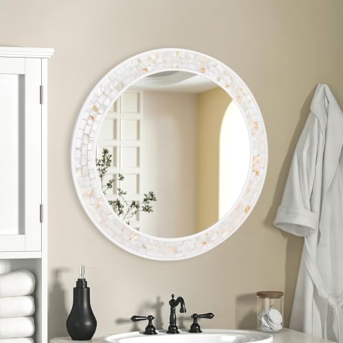 26 Inch Round Wall Mirror with Natural Shell Inlay Mosaic Frame, 3MM Tempered Glass Vanity Mirror, Pre-installed 2 D-Ring Hangers, Easy Install Decorative Circle Mirror for Bathroom Bedroom Entryway - color: White, size: 26"L x 26"W