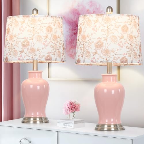 Ruzectt Pink Ceramic Table Lamp with Flower Lampshade, 23" Cute Bedroom Lamp with Ginger Jar Design, Modern Living Room Lamps Set 2, Elegant Bedside Lamps for Nightstand End Table Home Decor - color: Pink-Flower Lampshade