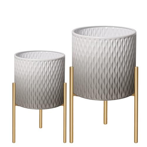 ARNIS Plants Pots with Stand,Set of 2 Flower Pots, Unique Mid Century Decorative Metal Flower Pots with Drainage,10.5&12.25 Inch, Grey and White - color: Grey & White, size: 10.5 &12.25