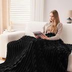 NEWCOSPLAY Super Soft Queen Blanket Black Premium Silky Flannel Fleece 3D Ribbed Jacquard Lightweight Bed Blanket All Season Use (Black Ribbed, Queen(90"x90")) - color: Black Ribbed, size: Queen(90"x90")