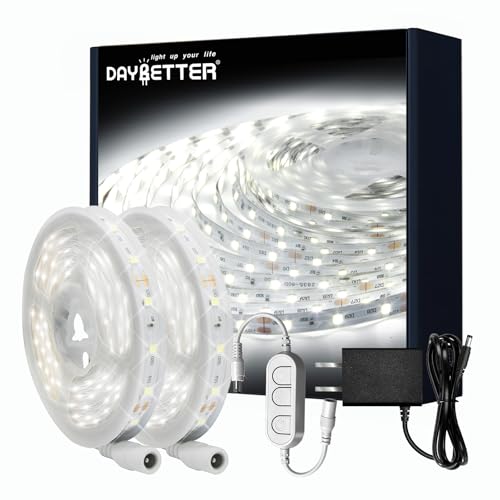 DAYBETTER White LED Strip Lights, 50 ft Dimmable 6500K Bright White Strip Lighting, 900 LEDs Tape LED Lights for Bedroom, Mirror, Kitchen, Home Decoration(2 Rolls of 25 ft) - color: Daylight White, size: 50FT