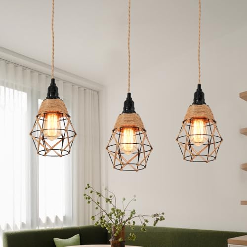 3-Light Hanging Light with Plug in Cord,Plug in Pendant Light 22ft Hemp Rope Pendant Lighting Vintage 3-Light Hanging Lamp Fixtures for Kitchen Island Living Room Bedroom - color: 3 Light Copper