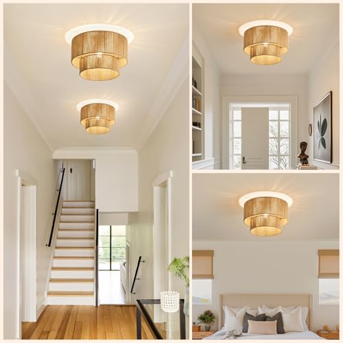 NUODIFAN Boho Semi Flush Mount Ceiling Light Gold Rattan Ceiling Light Double Layer 15.7" Farmhouse Ceiling Lamp with Natural Hemp Rope Lampshade for Dining Room Living Room Bedroom Kitchen