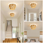 NUODIFAN Boho Semi Flush Mount Ceiling Light Gold Rattan Ceiling Light Double Layer 15.7" Farmhouse Ceiling Lamp with Natural Hemp Rope Lampshade for Dining Room Living Room Bedroom Kitchen