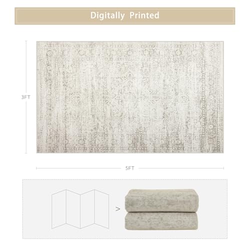 Srugn Washable Rugs 3x5 Area Rugs for Living Room,Bedroom- Non Slip Vintage Entryway Rug for Indoor Entry,Kitchen,Bathroom,Kids Girls Room,Home,Office,Ultra Soft Faux Wool Laundry Room Small Carpets - color: Beige-ivory-cream-brown-camel, size: 3' x 5' (R