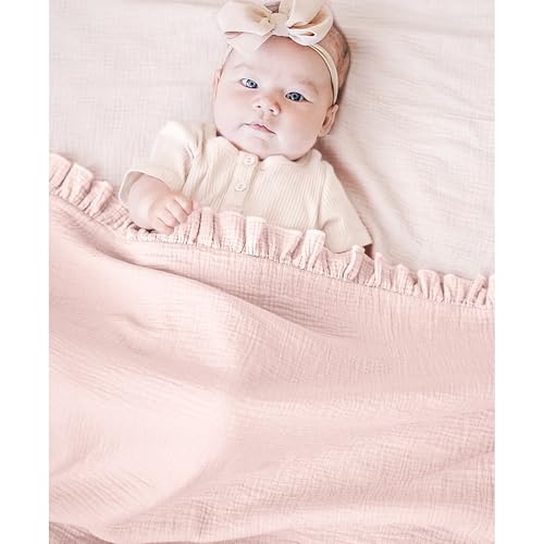 Konssy Flounce Muslin Baby Blanket for Girls Boys, 100% Cotton Soft Crib Swaddle Blankets, Reversible & Breathable Nursery Bedding for Newborns Toddlers, 43 x 39 Inches (Baby Pink) - color: Baby Pink, size: 43"x39"