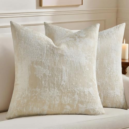 HAUSSY Pack of 2 Lumbar Throw Pillow Covers 24x24 Inch,Faux Cashmere Jacquard Decorative Patten Furry Pillowcases Textured & Soft Cushion Covers for Couch Bed Room Home Decor,Beige White(Covers Only) - color: Beige White, size: 24" x 24" (Pack of 2)