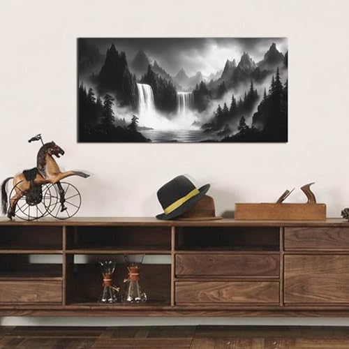 HUBOSKN Mountain Wall Pictures for Living Room Decor - Black and White Wall Art Bedroom - Waterfall Canvas Wall Art for Office Size 20" x 40" - color: Black and White, size: 40"L x 20"W