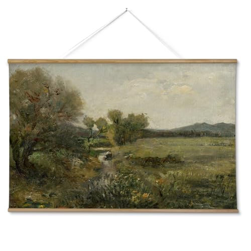 ARPEOTCY Extra Large Vintage Framed Wall Art, 36x54 Inch Creek Forest Landscape Hanging Framed Canvas Prints Scroll Wall Art Decor for Living Room Bedroom, Retro Scenery Pictures Above of Bed - color: Creek and Forest