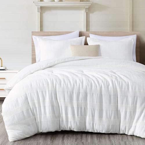 Chezmoi Collection 4-Piece Clip Jacquard Cotton Comforter Set King, Boho Chic Textured Tufted Basketweave Striped Bedding with Textured Woven Pillow Cushion, White - color: Yuki White, size: King
