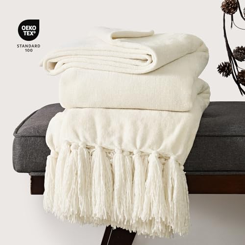 EverGrace Soft Chenille Throw Blanket for Couch, Cozy Plush Fuzzy Decorative Chenille Knit Throw Blanket with Tassels, Lightweight Blanket and Throws for Bed Sofa Gift Home Decor, Ivory White 60"x80" - color: Ivory White, size: 60"x80"
