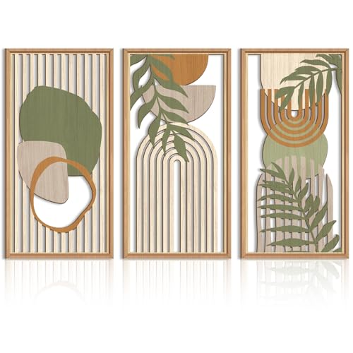 IARTTOP Large Boho Mid-century Modern Wood Wall Art 16x32 Inch Framed Green Abstract Leaf Wooden Wall Decor Bohemian Minimalist Geometric Wall Art Decor for Bedroom Living Room Office Set of 3 - color: Green Framed Boho, size: 16 x 32 inches