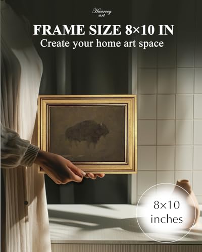 HUARCEY Gold Framed Canvas Wall Art, Retro Bison Picture Decor, Bedroom Bathroom Kitchen Farmhouse Decor, Moody Rustic Vintage Canvas Paintings, 8x10inch - color: Bison Art, size: 10"L x 8"W